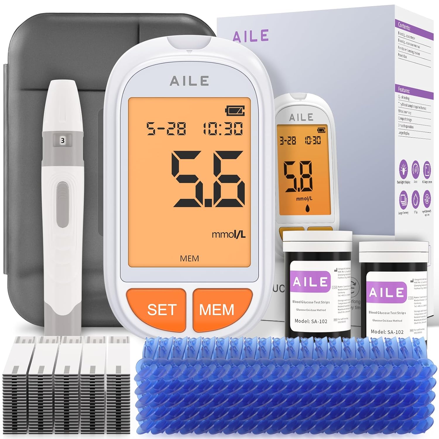 Blood glucose Monitor Kit for Diabetes: AILE Blood Sugar Meter Test Kit Diabetic...