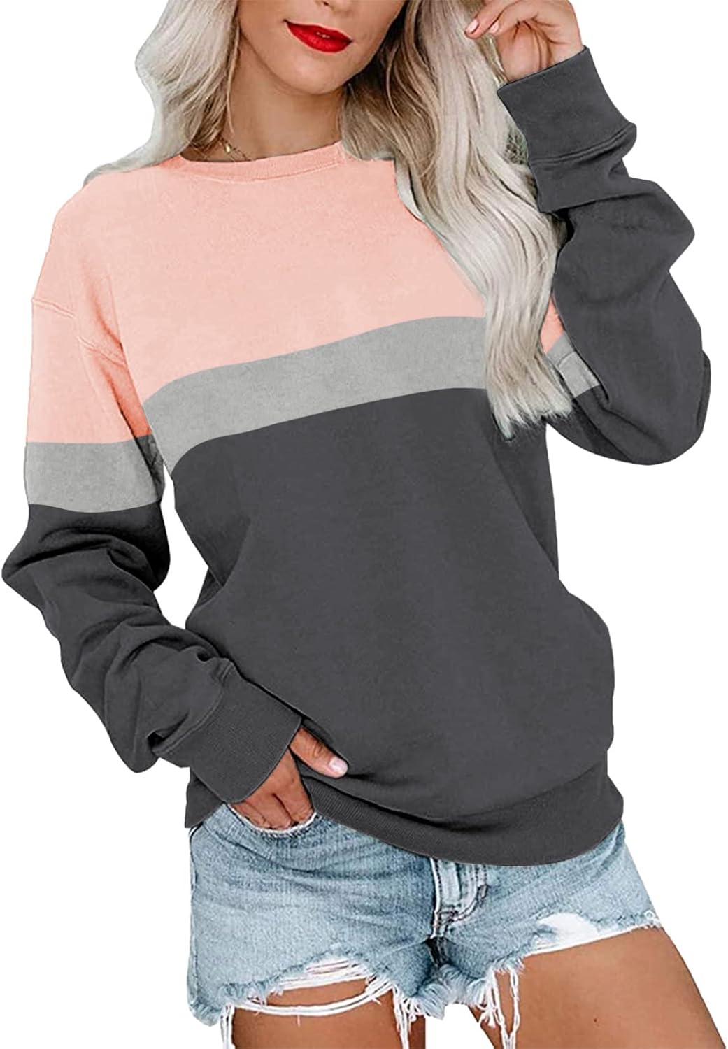 PGANDS Womens Crew Neck Solid/Color Block Sweatshirts Long Sleeve Casual Lightwe...