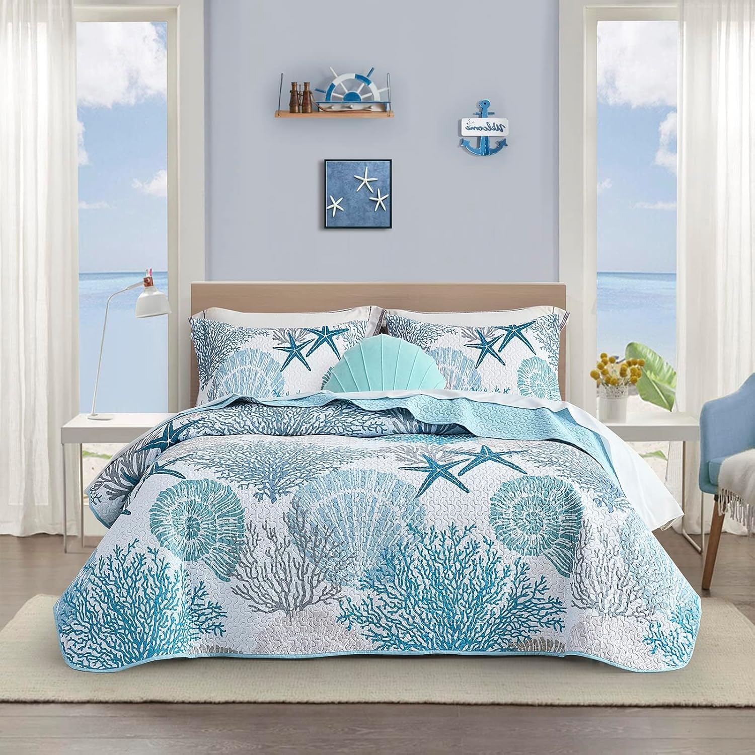Tritard 3 Piece Coastal Quilt Sets Full/Queen Size - Reversible Microfiber Quilt...