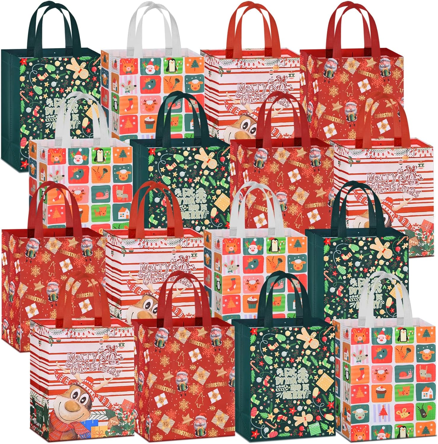 AhfuLife Small Christmas Bags for Gift, 16pcs Xmas Gift Tote Bags with Handles,...