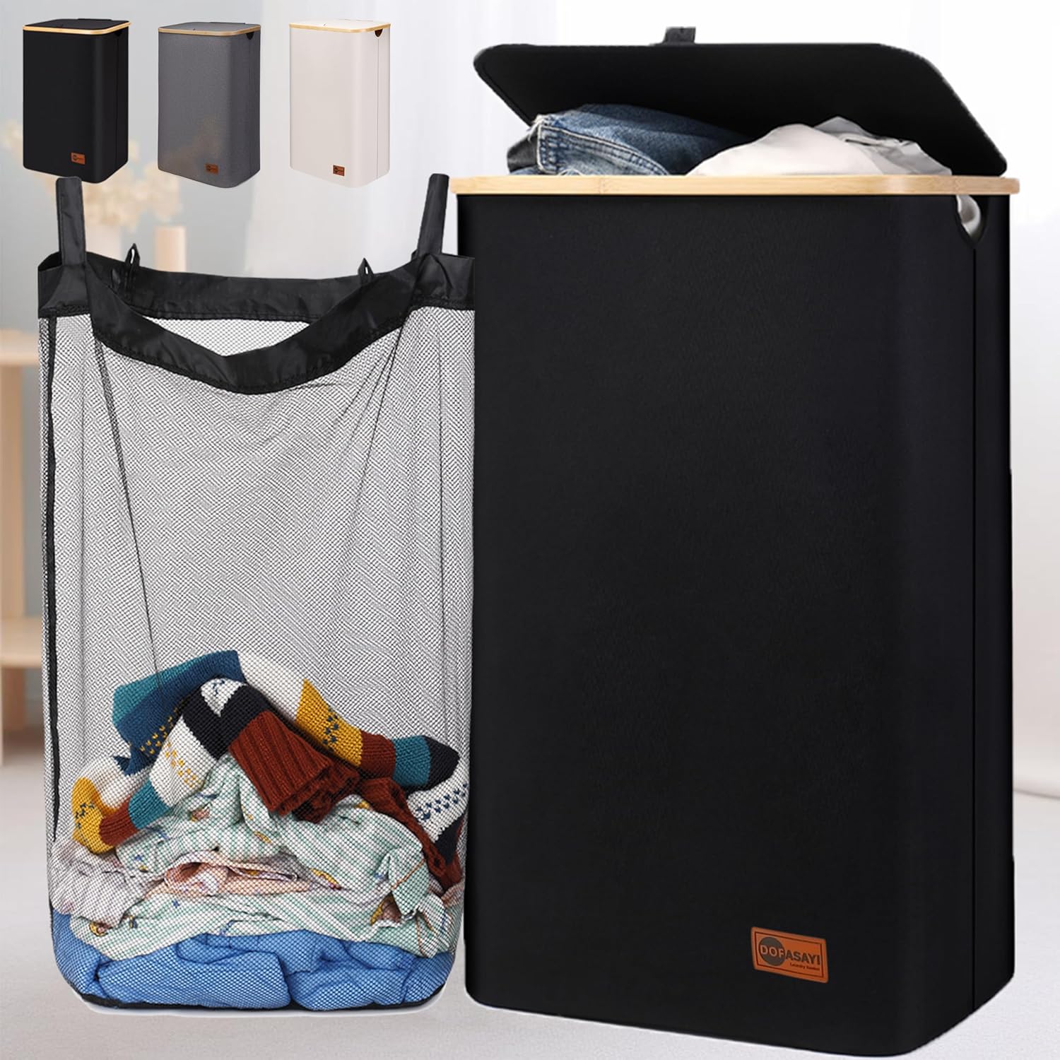 DOFASAYI Laundry Hamper with lid - 120L XL- Large Laundry Basket with Bamboo Han...