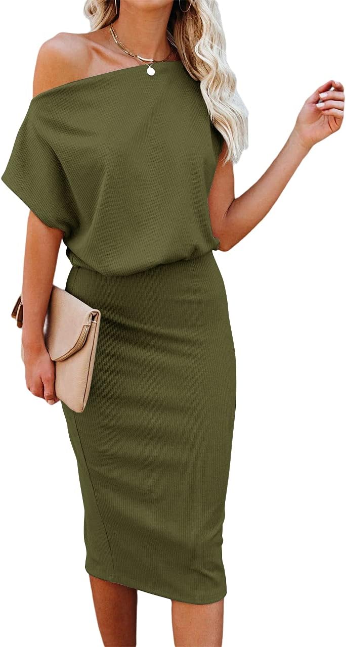 Ezbelle Women's 2024 Summer Dress Off The Shoulder Short Sleeve Ribbed Casual Pa...