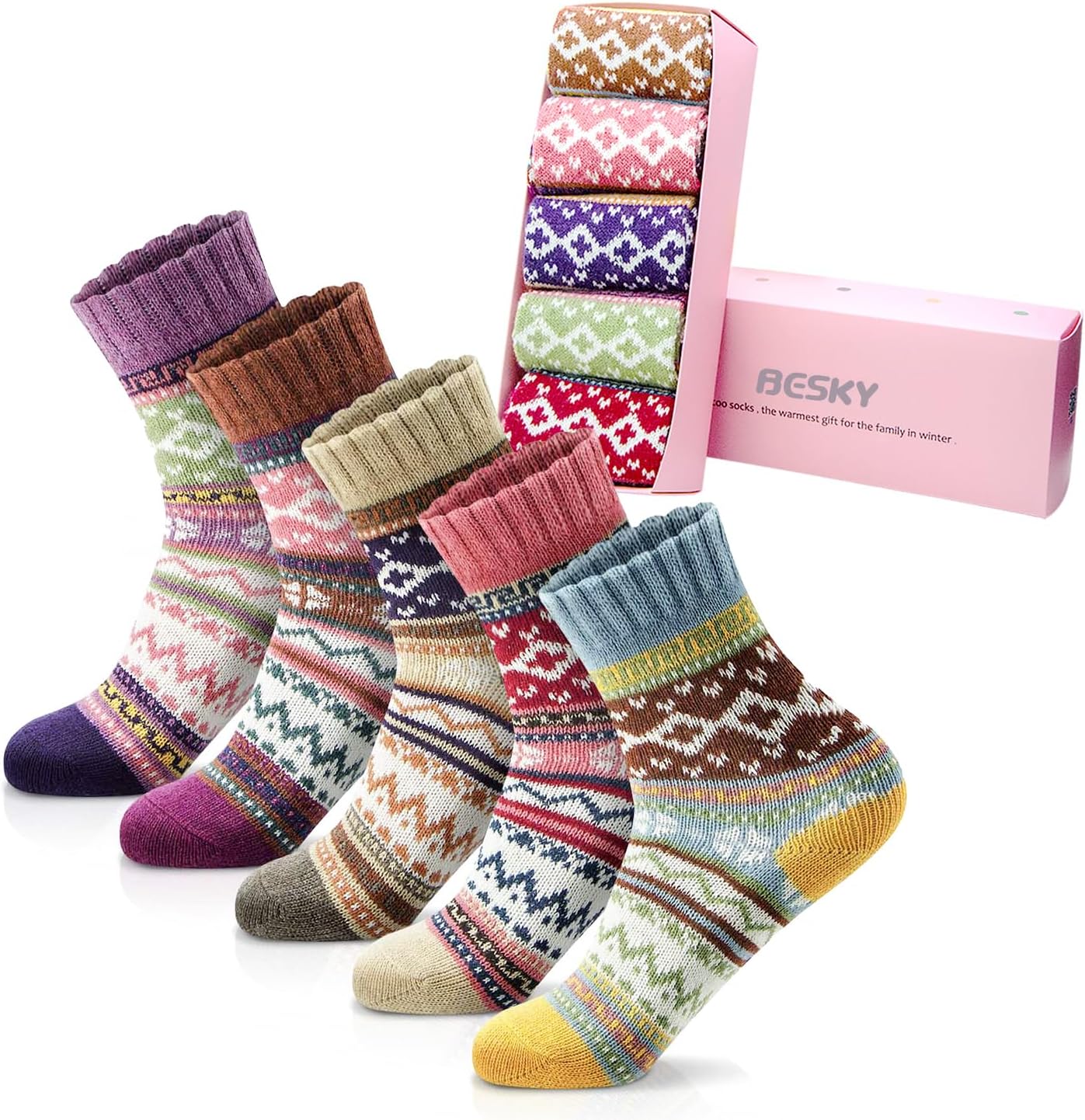 besky 5 Pairs Winter Wool Socks Women, Knit Thick Wool Soft Warm and Breathable...