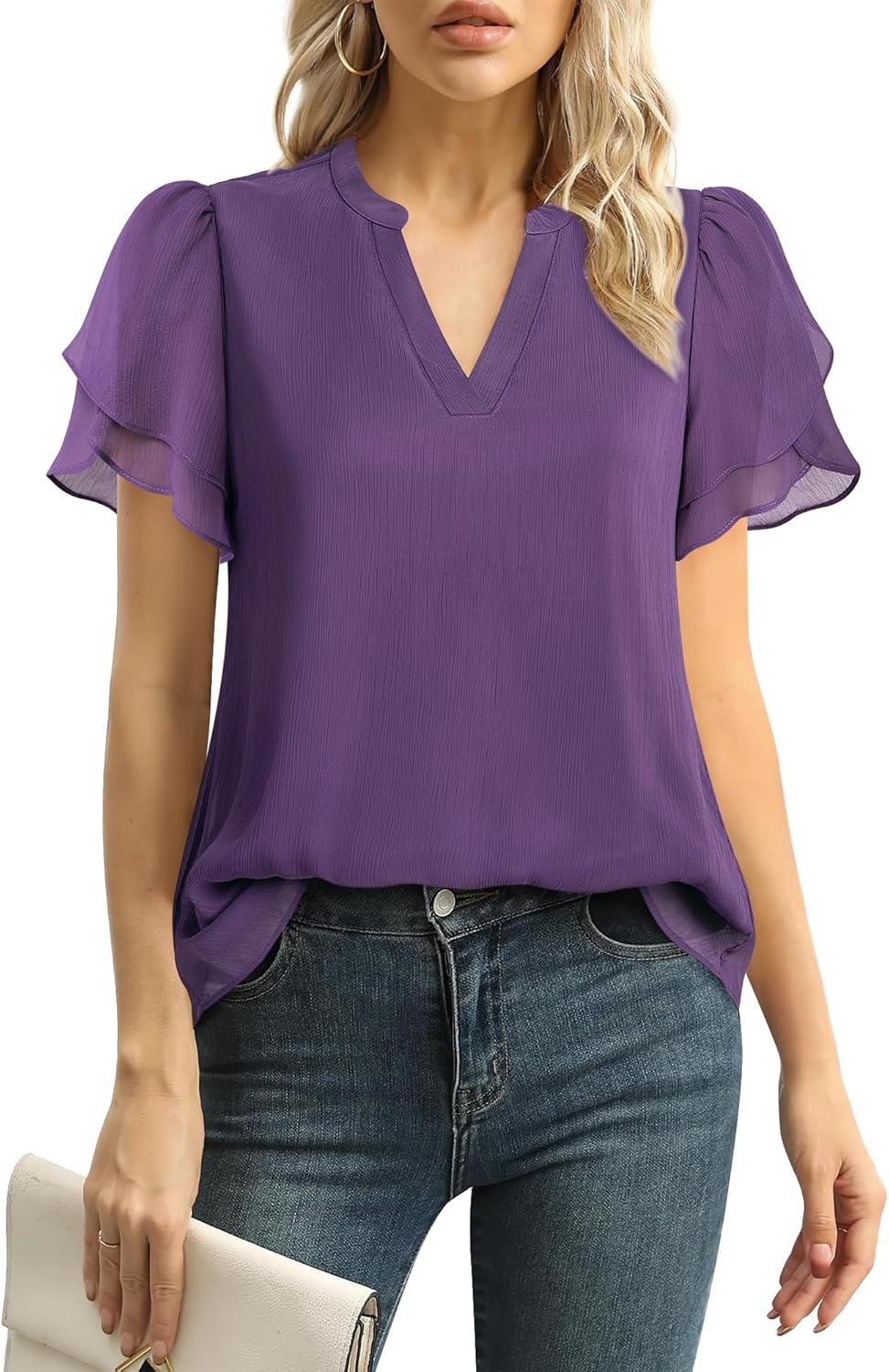 Lotusmile Womens Dressy Chiffon Blouses Summer Puff Petal Short Sleeve Shirts V...
