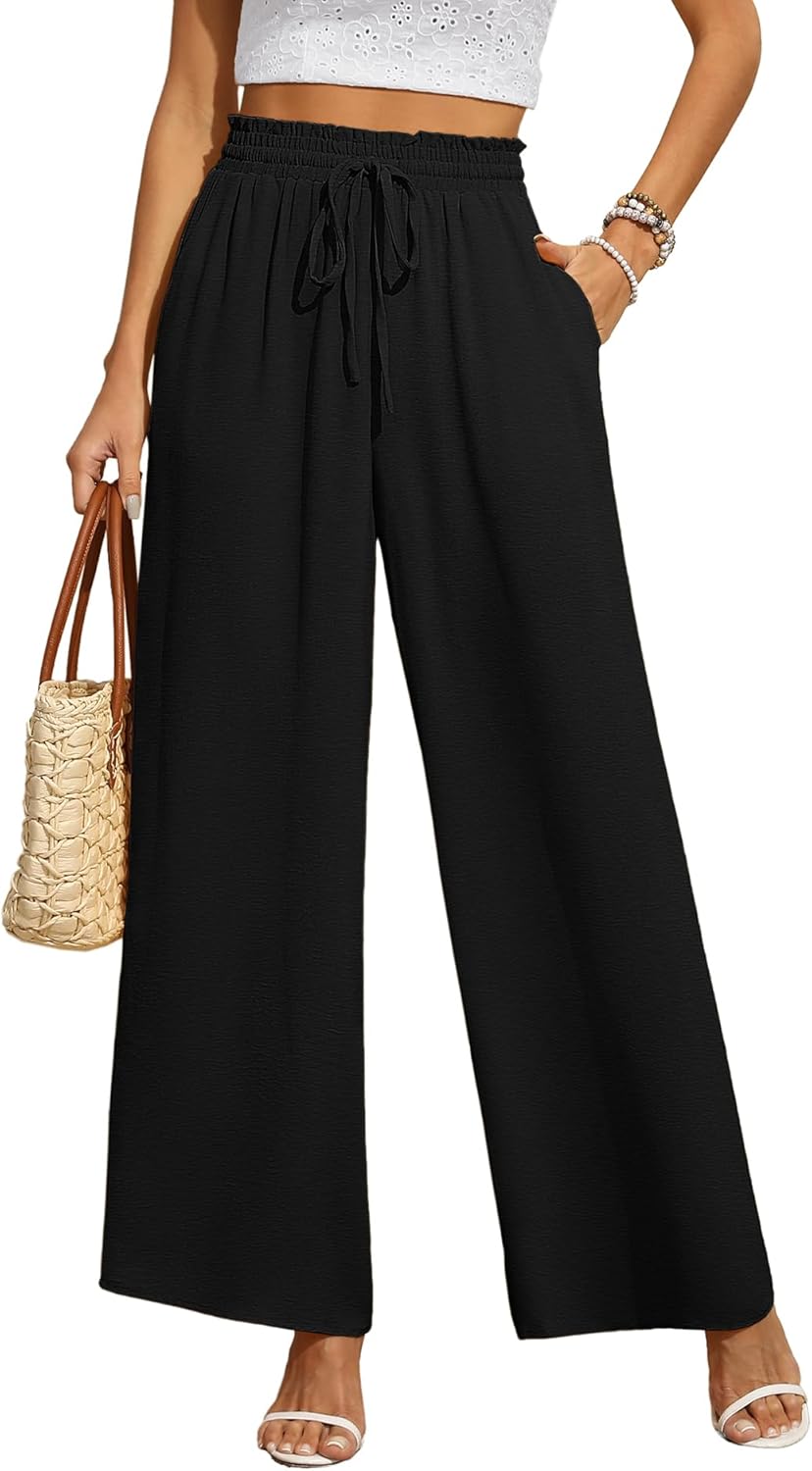 CZYINXIAN Women's Casual Wide Leg Pants Flowy Adjustable Tie Knot Elastic Waist...