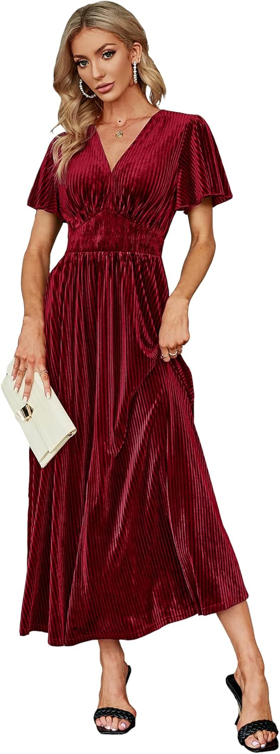 Simplee Women’s V Neck Velvet Maxi Dress Short Sleeve Empire Waist Long Formal D...