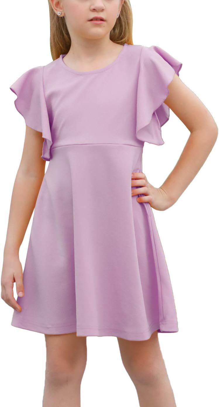 GORLYA Girl's Flutter Sleeve Stretchy A-Line Swing Flared Skater Party Dress wit...