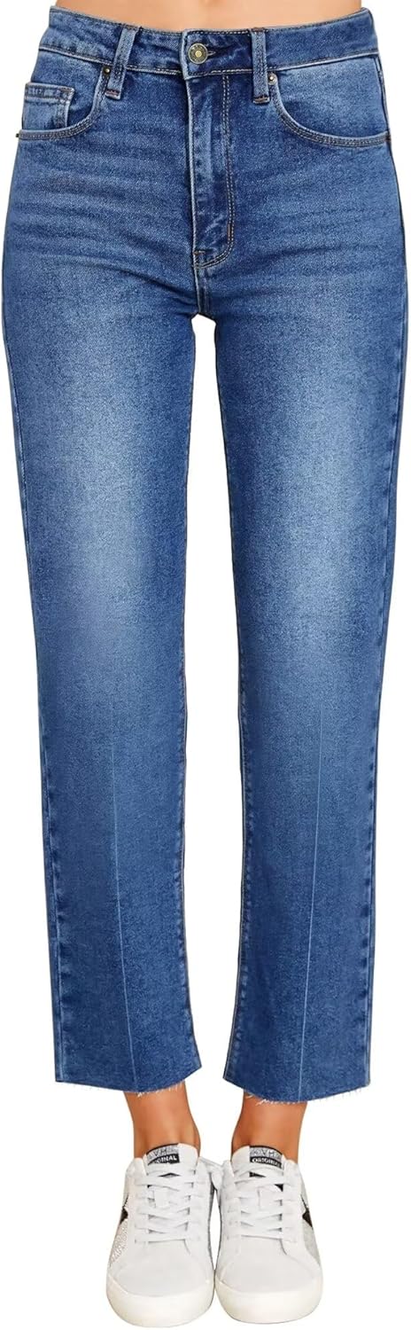 KDF Women's Cropped Straight Leg Jeans - High Waisted Jeans for Women 7/8 Length...