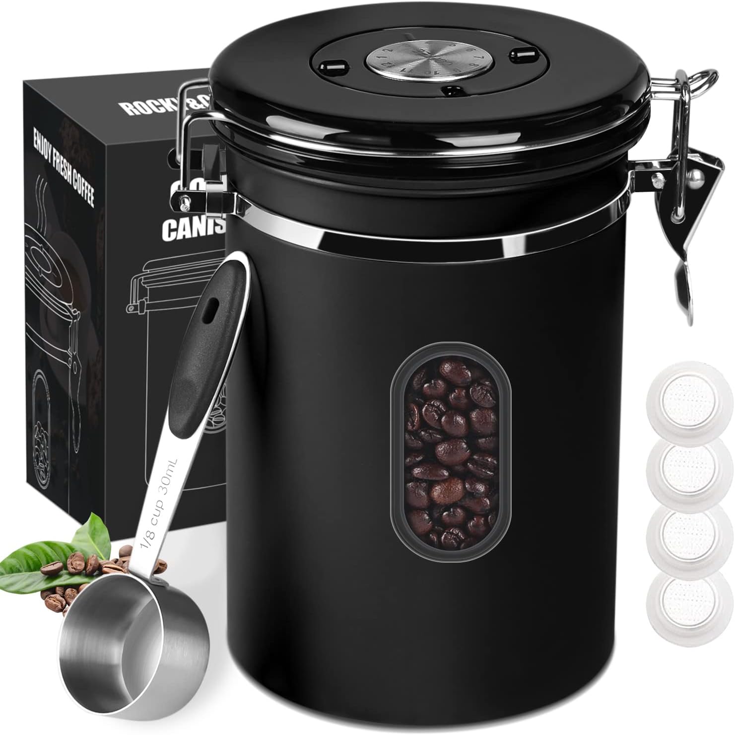 1800ML Airtight Coffee Canister with Date Tracker Transparent Window, 22.8OZ Cof...