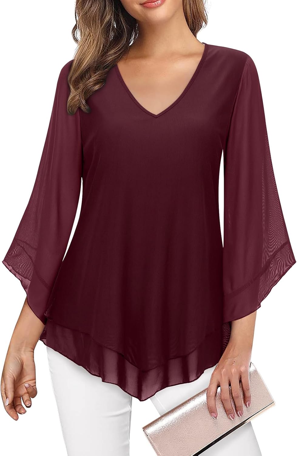 Gemulate Womens Blouse Ruffle 3/4 Sleeve Blouses for Women V Neck Chiffon Tunic...