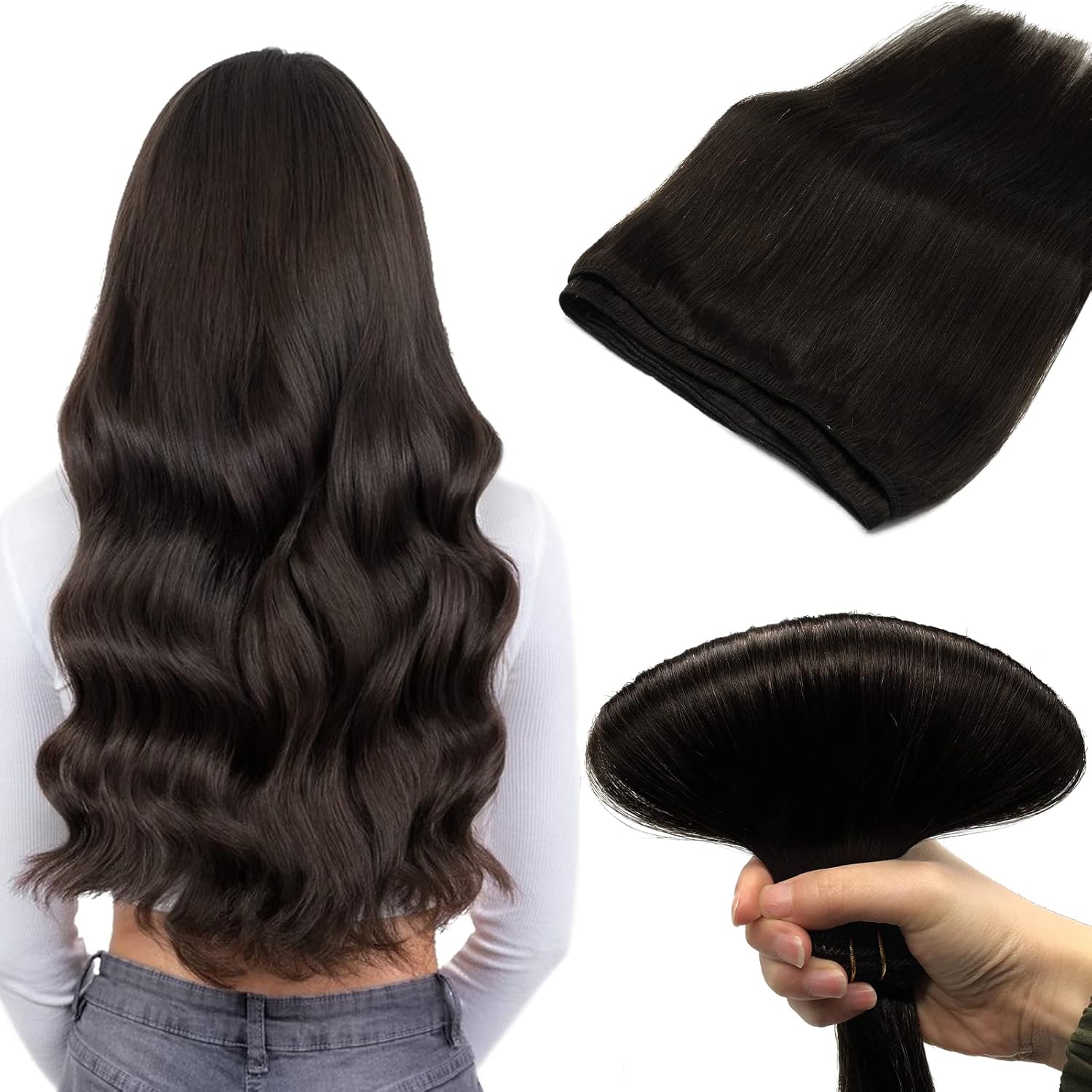 DOORES Weft Hair Extensions Human Hair, Dark Brown 20 Inch 100g Sew in Hair Exte...