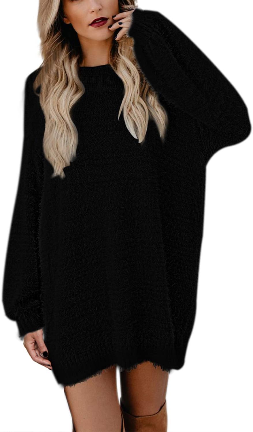 Meenew Women's Furry Pullover Sweater, Special Loose Oversized Long Knitted Dres...