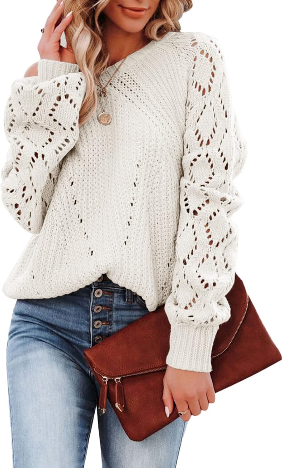 SHEWIN Women's Sweater, Special Casual Long Sleeve Crewneck Crochet Sweater, Hig...