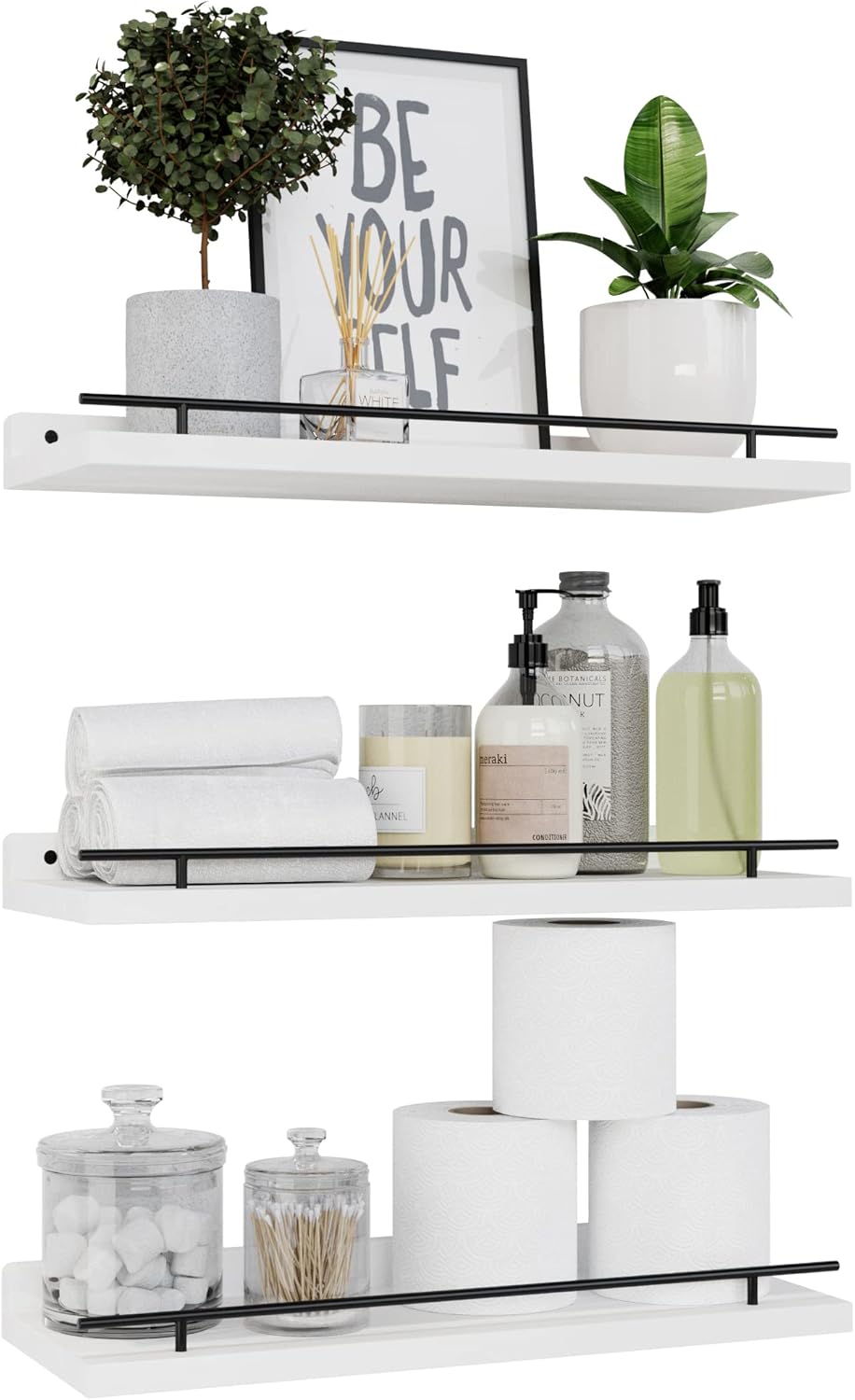 WOPITUES Floating Shelves with Black Metal Guardrail, Shelves for Wall Decor Set...