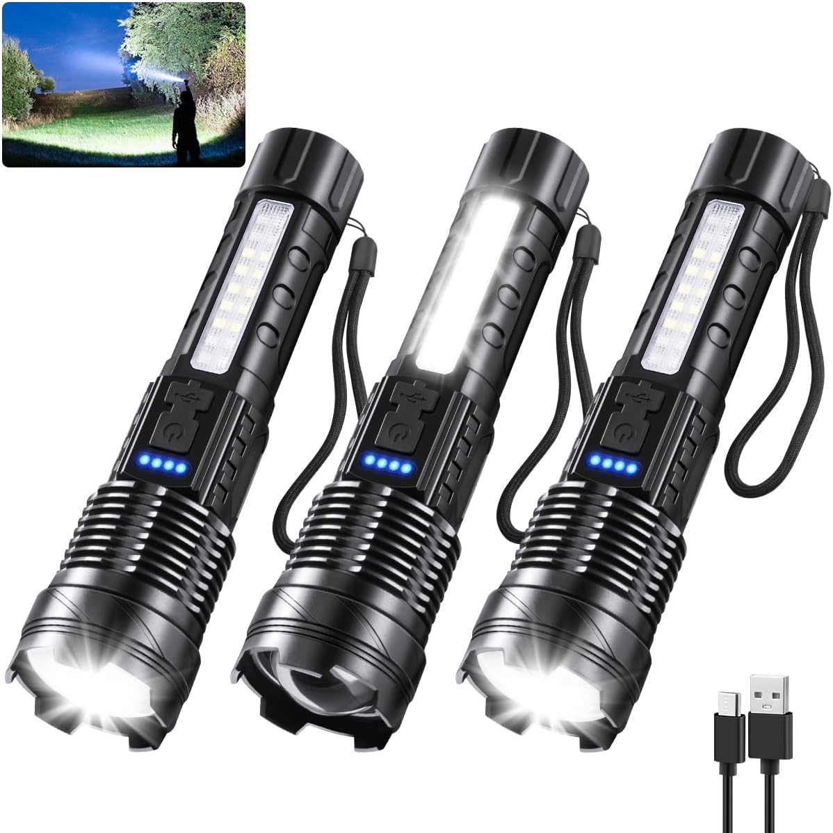 3Pack Rechargeable Flashlights, 7Mode Tactical Flashlights High Lumens 980000, S...