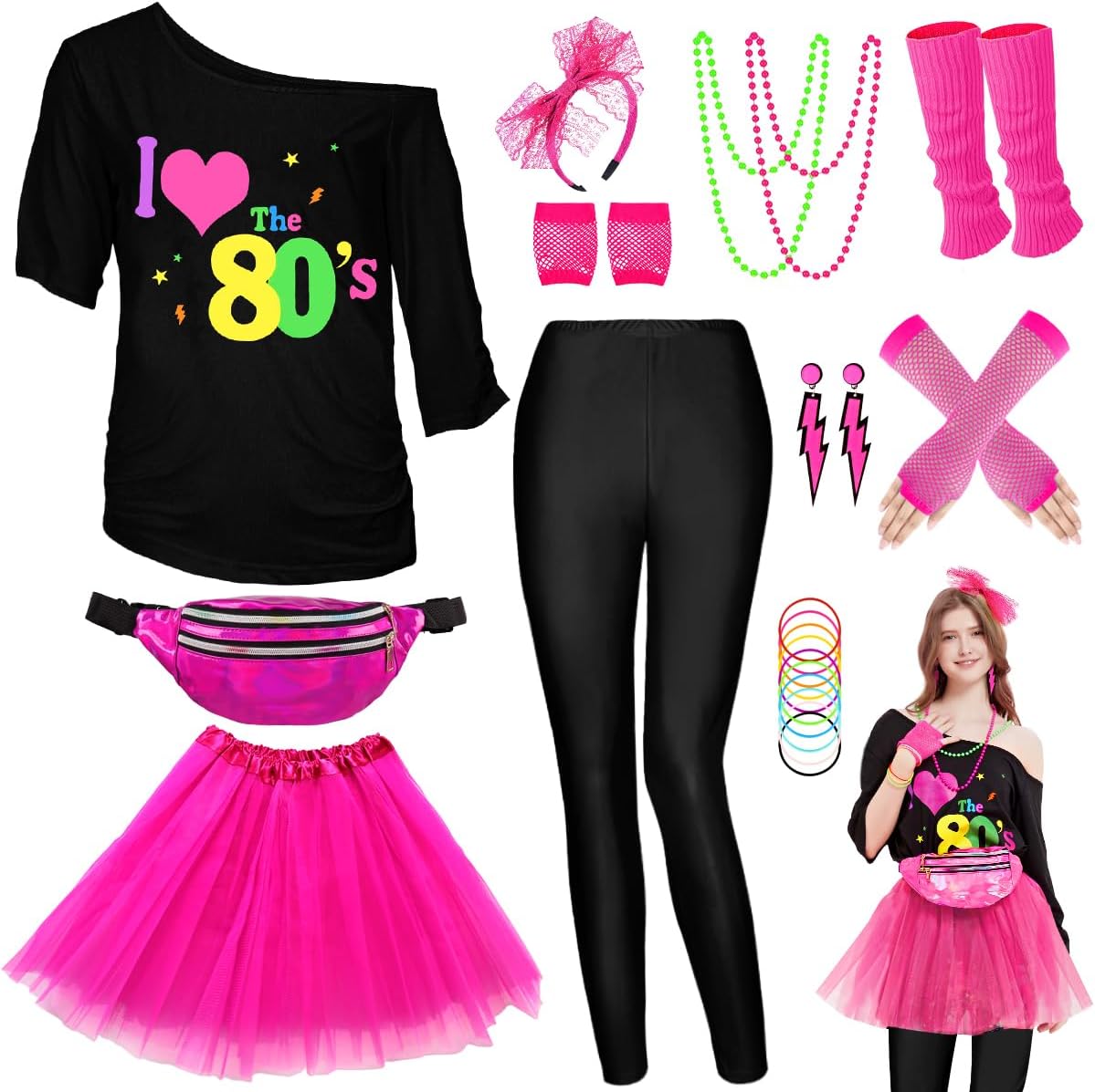 WlLDPARTY 80s Outfit Women Costume Accessories Set, T Shirt Leggings Tutu Skirt...