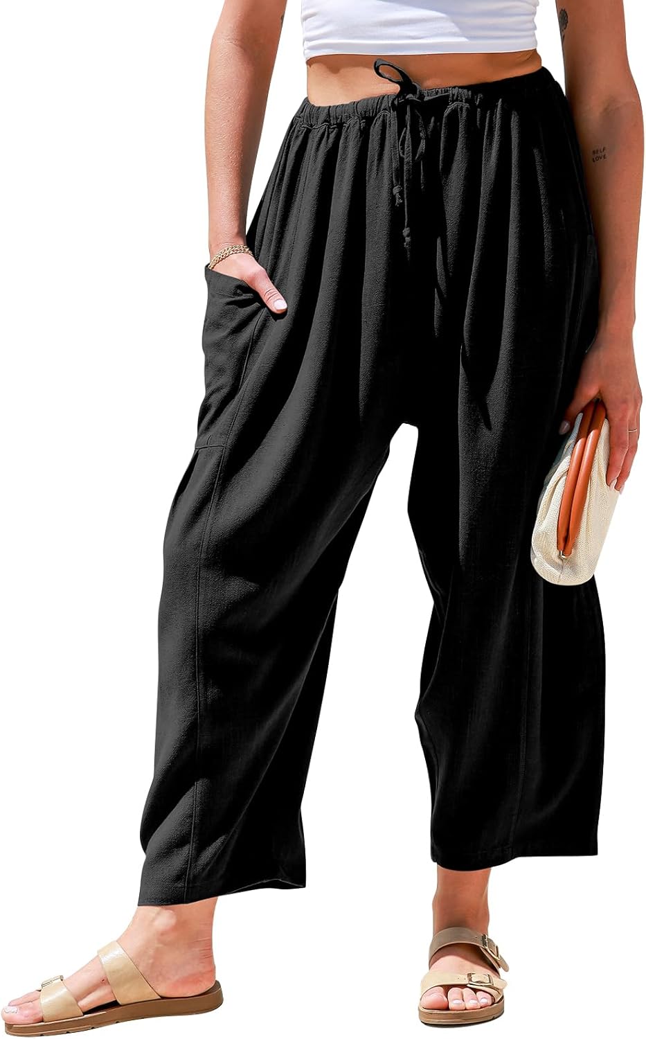 TARSE Womens Linen Wide Leg Pants Casual Loose Drawstring Low Waist Beach Palazz...