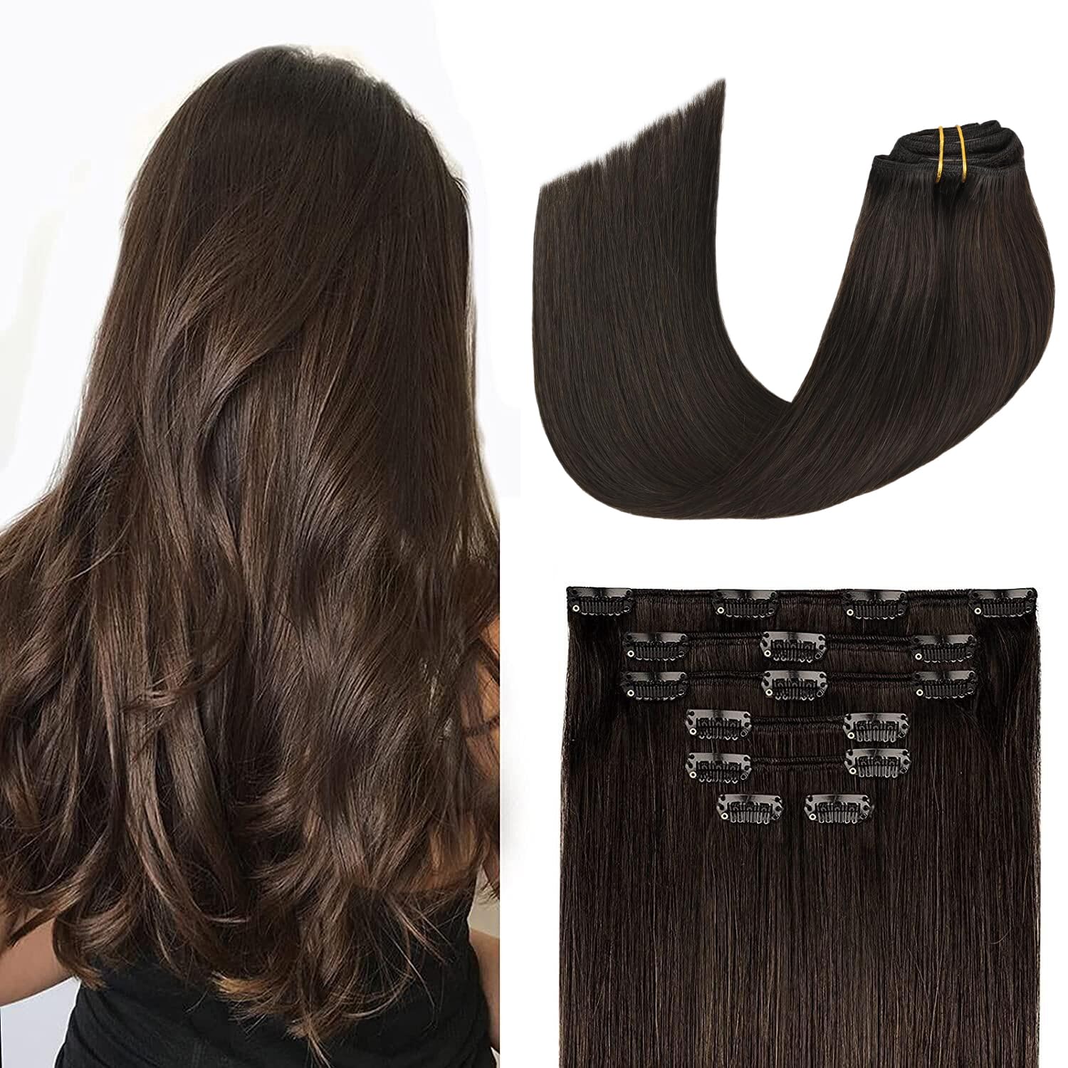 Clip in Hair Extensions Real Human Hair 115G Dark Brown 100% Real Human Hair Cli...