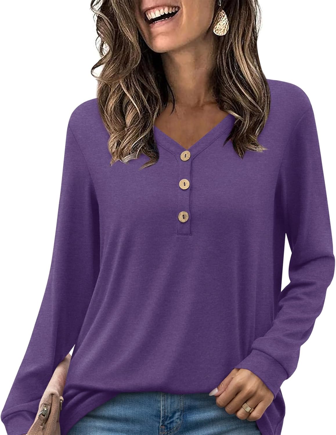HOTGIFT 2024 Women Winter Fall Tops Shirts Long Sleeve Casual Tshirts Vneck Butt...