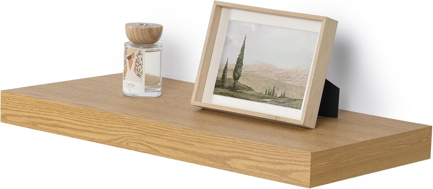 Fun Memories 12" Deep Oak Floating Shelves, Rustic Wood Wall Shelves for Wall De...
