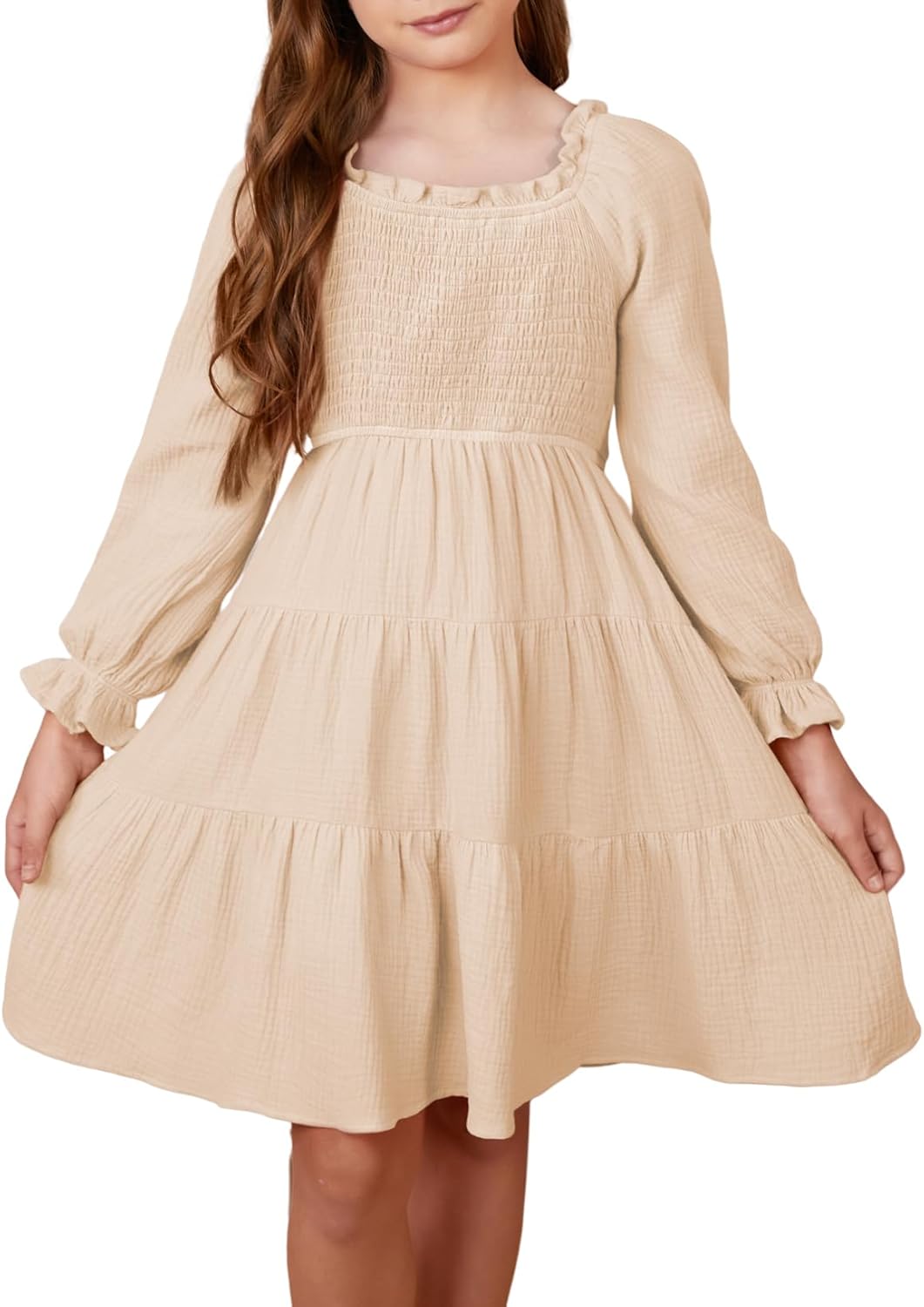blibean Girls Cotton Long Sleeve Dresses Ruffled Boho Tiered Dress Size 6-15 Yea...
