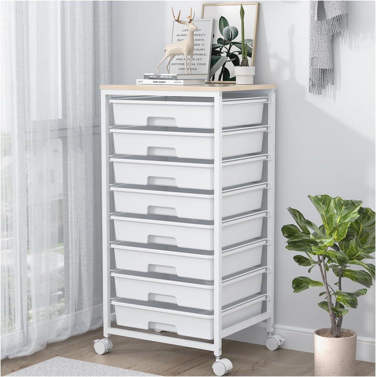 Rolling Storage Cart with Drawers,Utility Cart with 8 Drawers and Wooden Tableto...