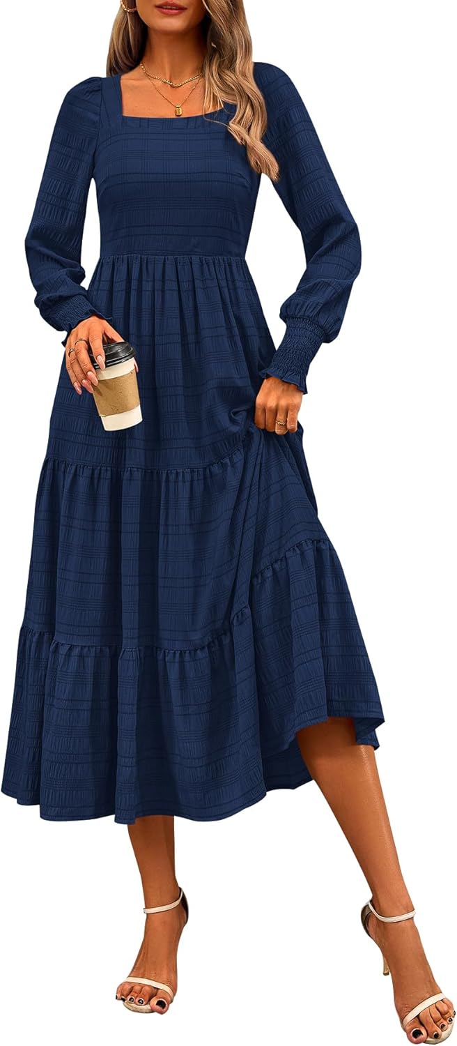 CFLONGE Women's Fall Dresses 2024 Puff Long Sleeve Square Neck Dress High Waist...