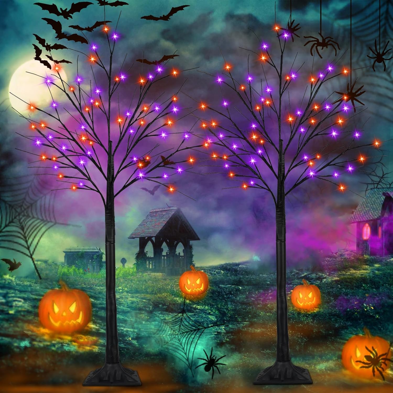 2-Pack 6FT Lighted Black Halloween Tree with 288 LED Orange & Purple Lights (Hig...