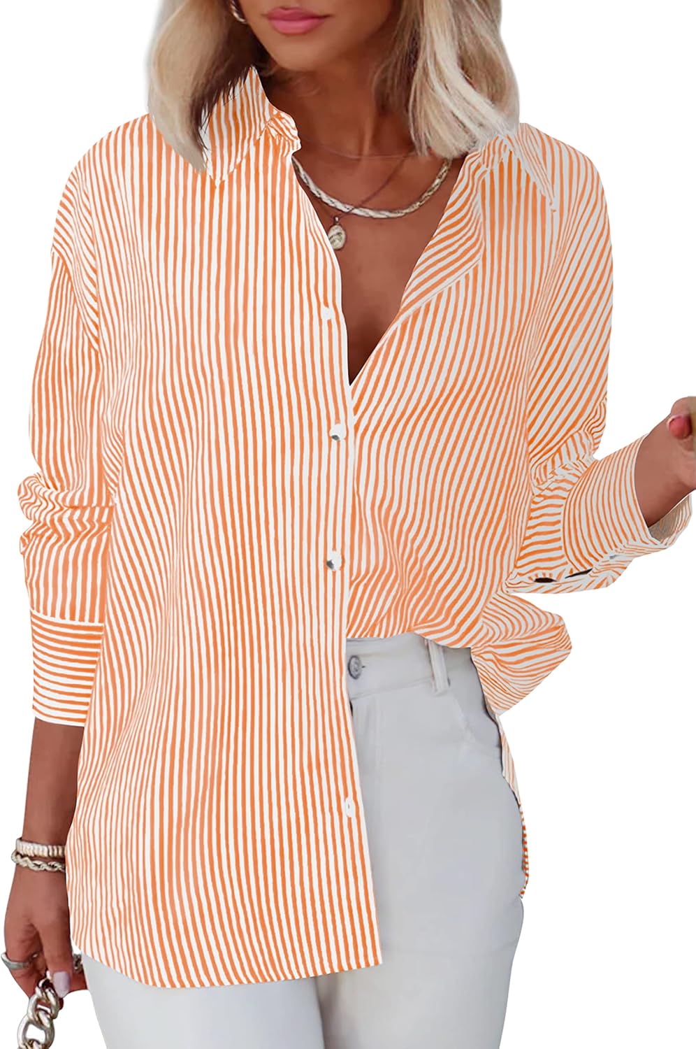 Diosun Womens Striped Button Down Shirts Classic Long Sleeve Stylish Collared Of...