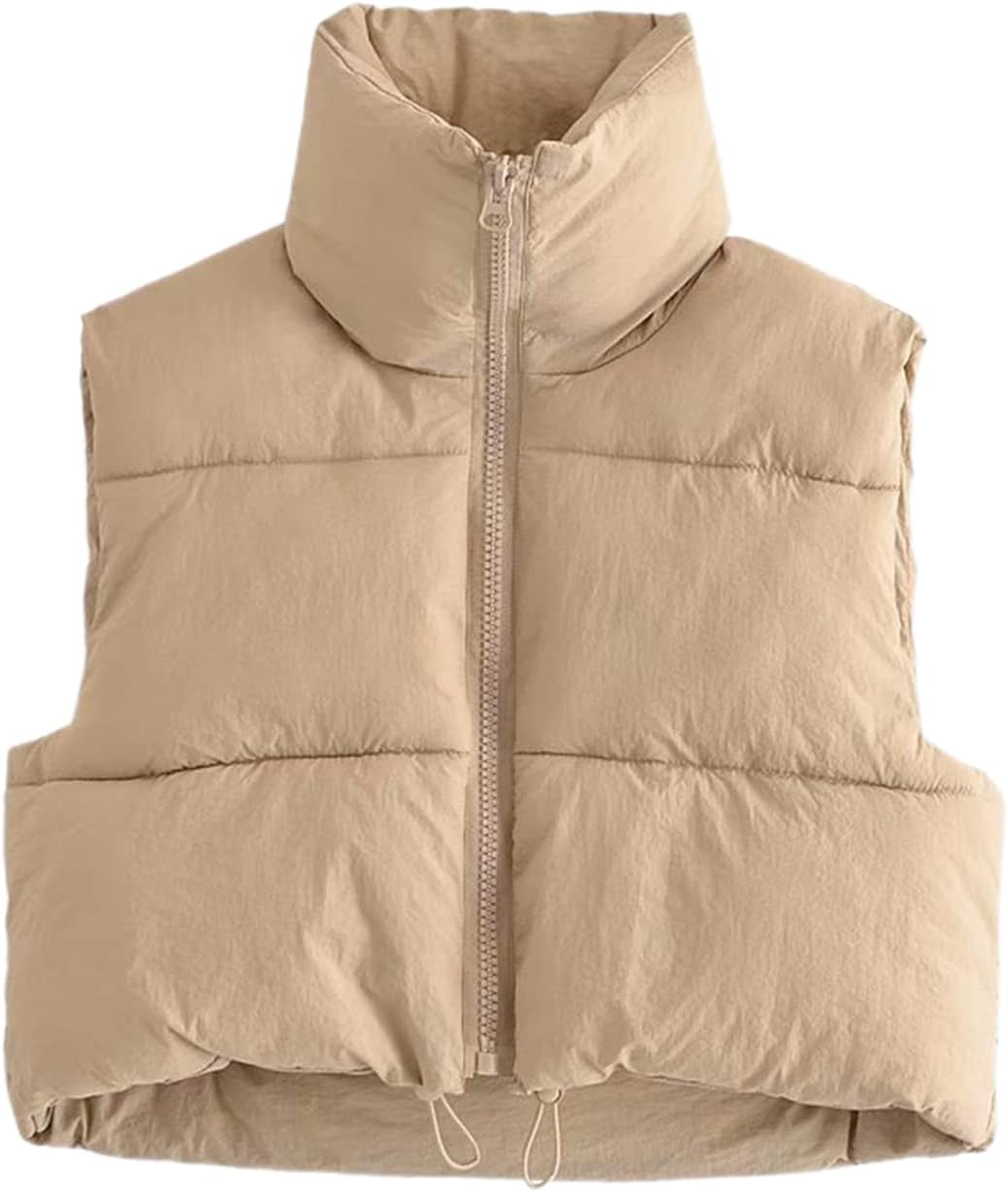 Athlisan Womens Cropped Puffer Vest Zip Up Stand Collar Sleeveless Padded Crop V...