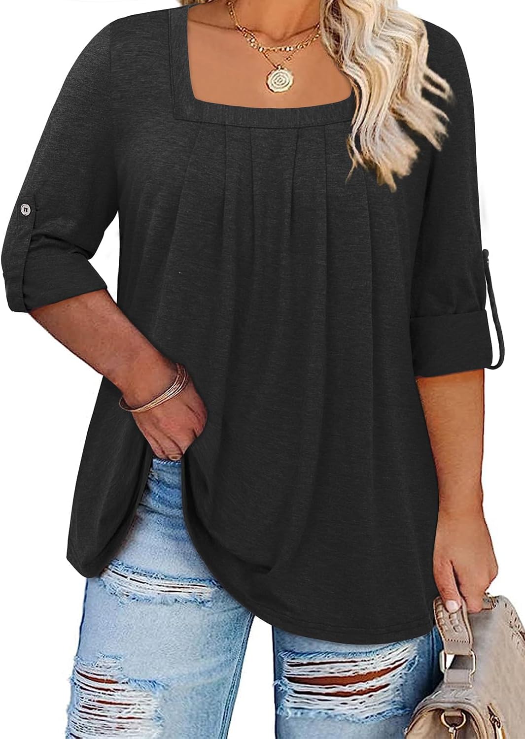 Siddhe Women Short Sleeve Plus Size Tunics, Square Neck Tops Casual Loose Fit T...