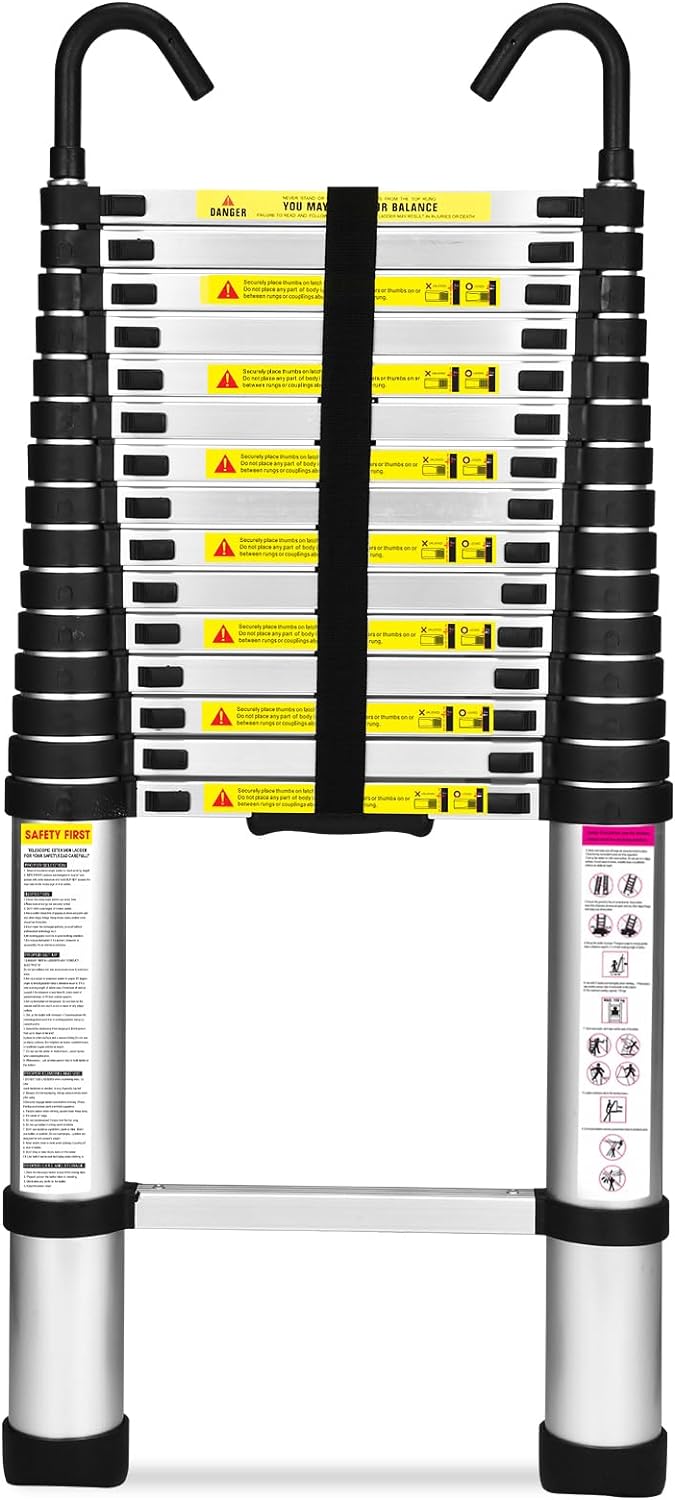 HBTower Telescopic Ladder with Non-Slip Feet and Hooks, 4.7M/15.4FT Thickened Hi...