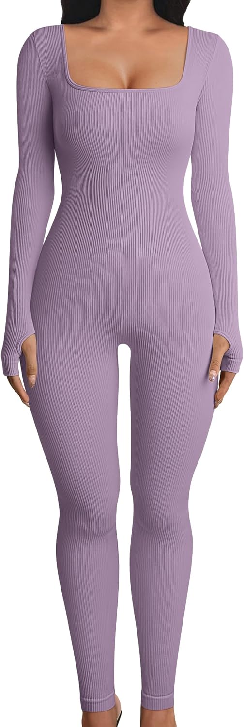 OQQ Women Yoga Jumpsuits Workout Ribbed Long Sleeve Sport Jumpsuits Small Taro P...