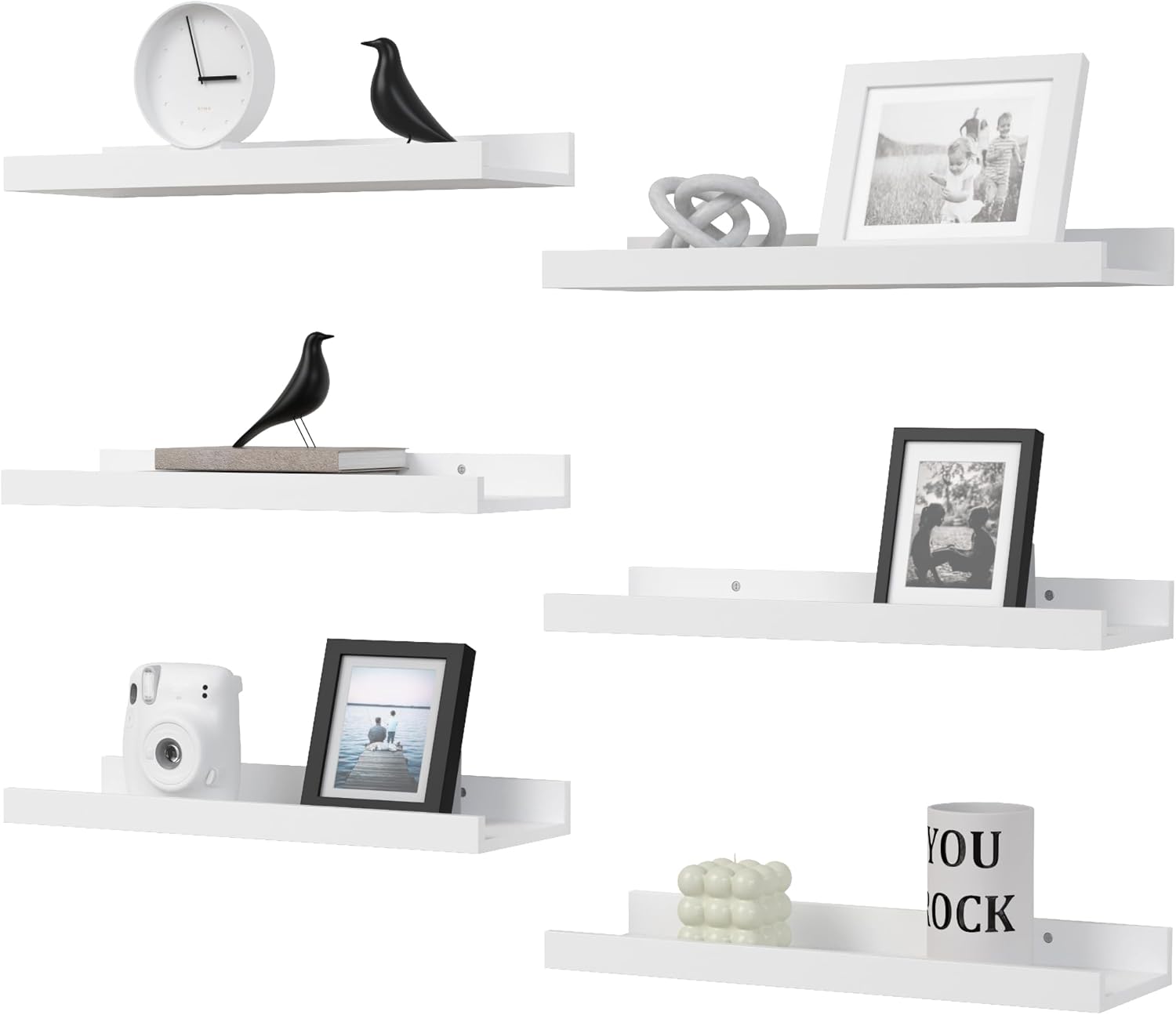 Floating Shelves Set of 6, White Wall Shelves with Lip, Display Shelves for Wall...