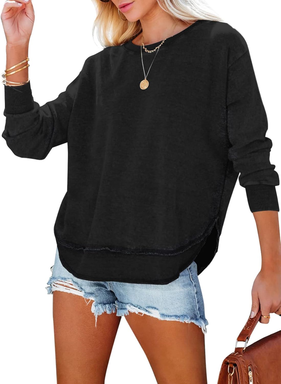 EVALESS Sweatshirt, Special Casual Solid Color Crewneck, Comfortable Long Sleeve...