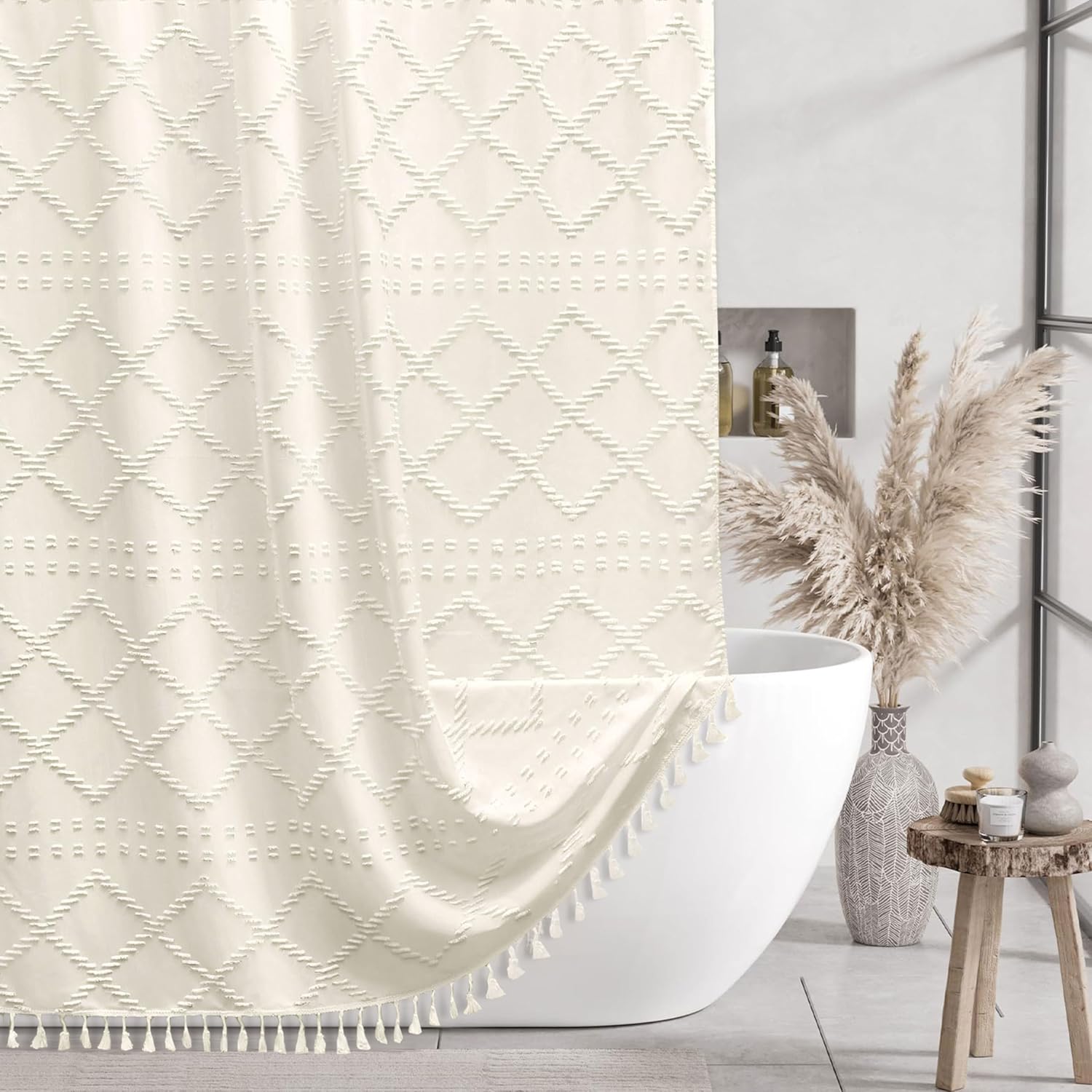 Cream Boho Shower Curtain Woven Fabric Cute Shower Curtain, 72 x 72 Tufted Chevr...