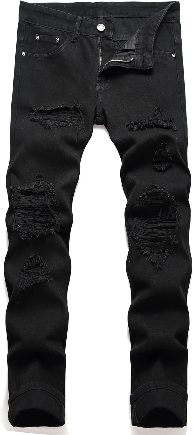 OIIIO Men's Ripped Slim Fit Straight Leg Jean Denim Pant 30 30015 Black