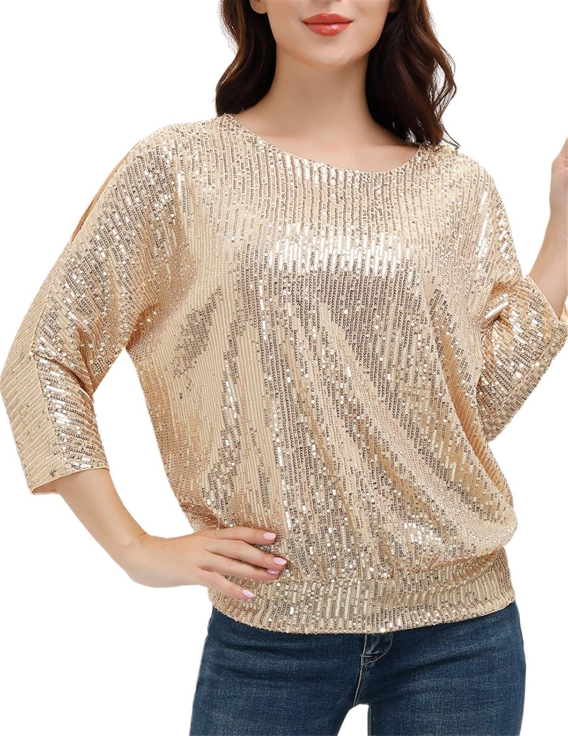 JASAMBAC Women's Sparkle Sequin Top, Special Shimmer Glitter Loose Cold Shoulder...
