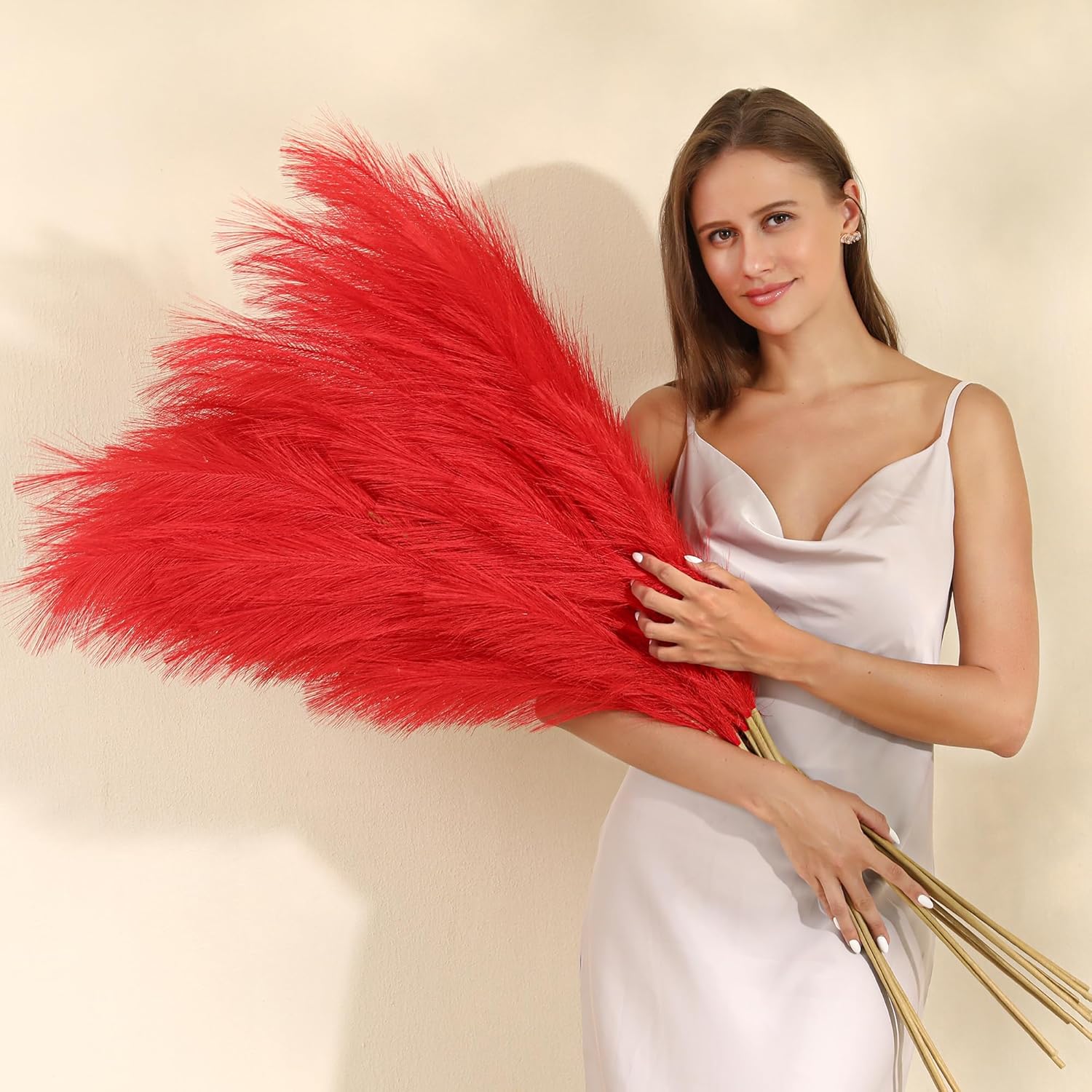 Red Pampas Grass Decor, Special 45-Inch Set of 8, High-Quality Artificial Pampas...