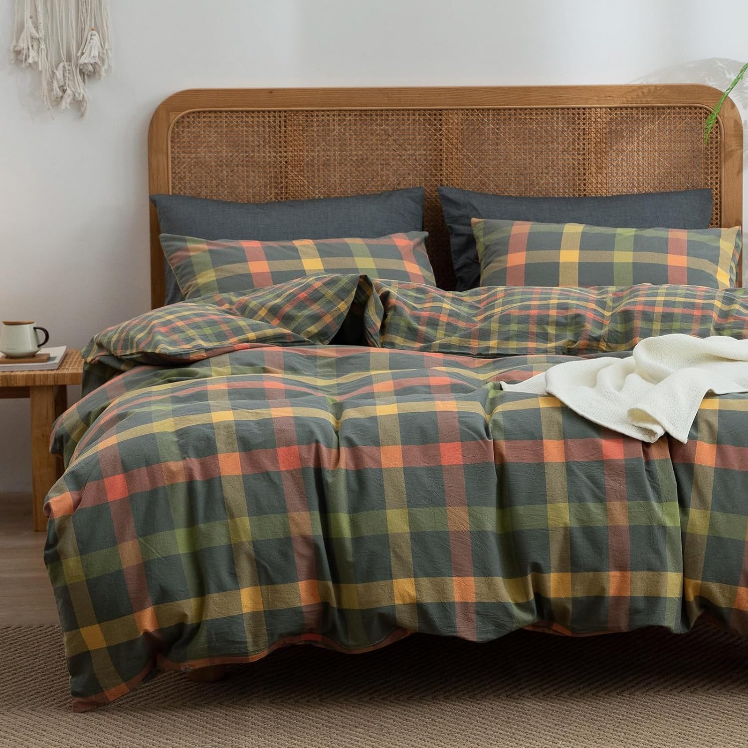VM VOUGEMARKET Plaid Duvet Cover Set Queen Washed Cotton Reversible Bedding Mult...