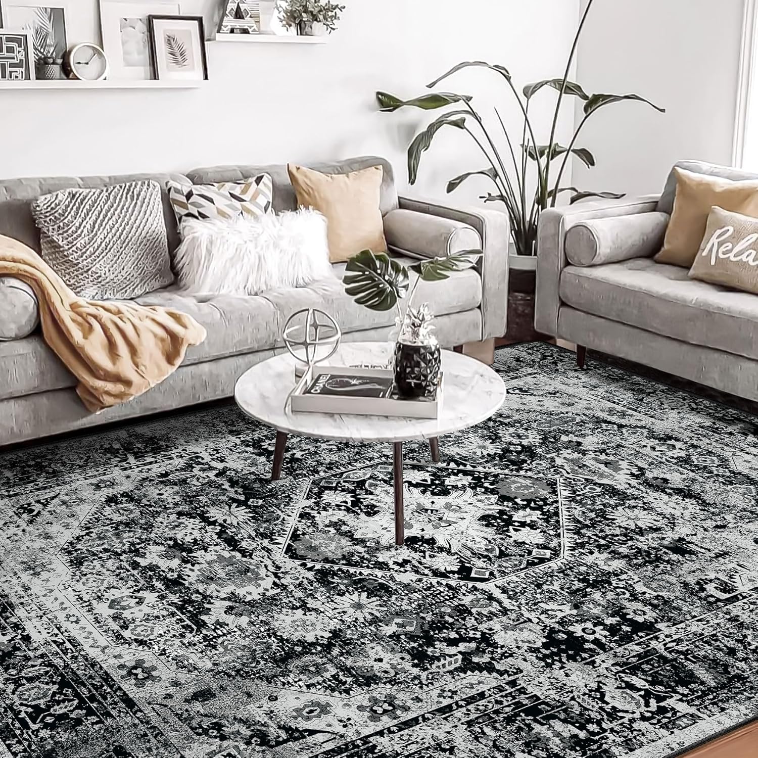 MUJOO Black Rug Washable 8x10 Area Rugs for Living Room Bedroom Large Non Slip C...