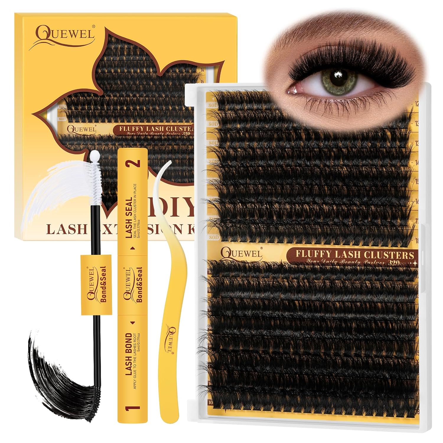 QUEWEL DIY-Lash-Extension-Kit, 320Pcs 80D+100D Fluffy-Lash-Clusters 12-18mm Volu...