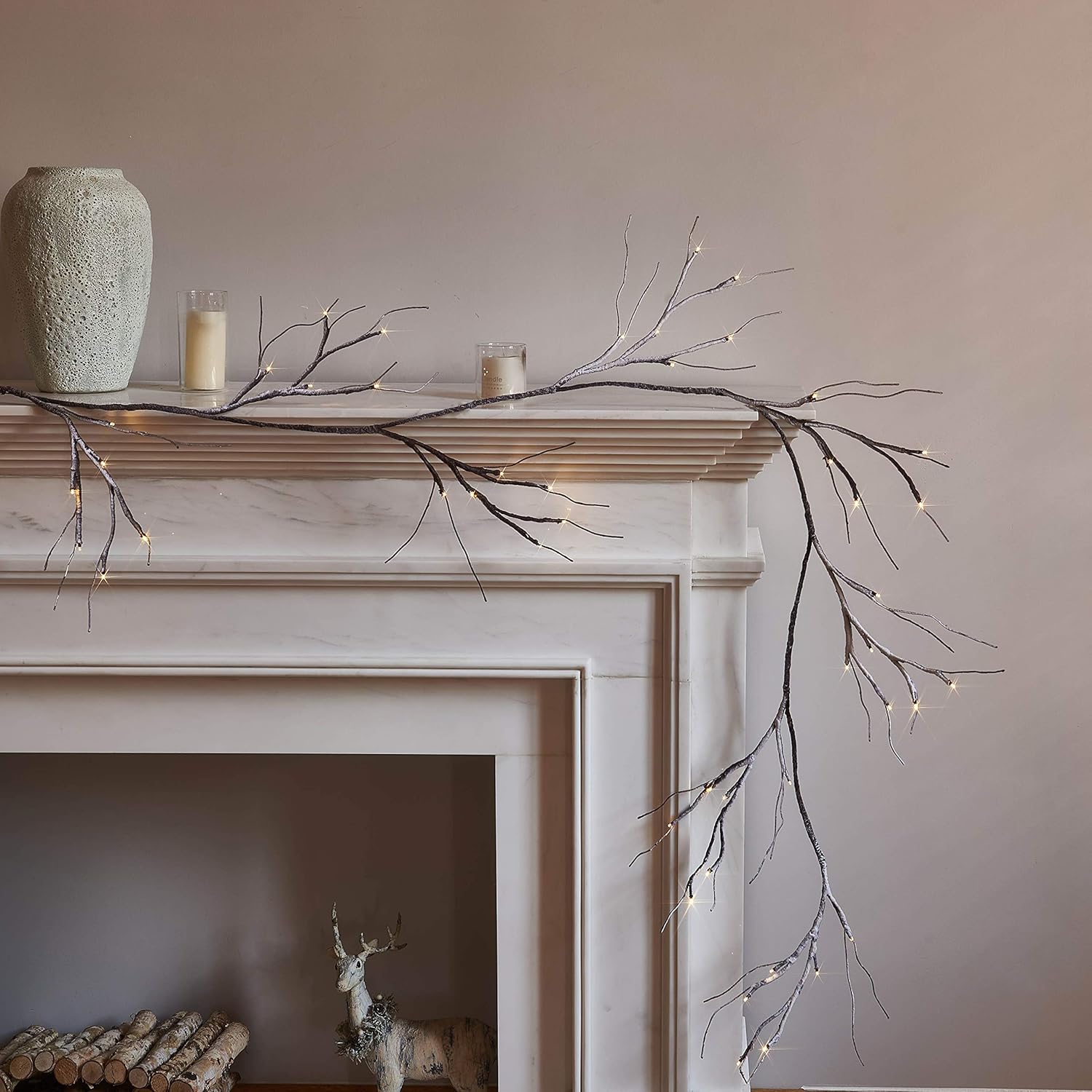 Hairui Lighted Garland Snow Flocked 6FT 48 LED Battery Operated Pre-lit Twig Vin...