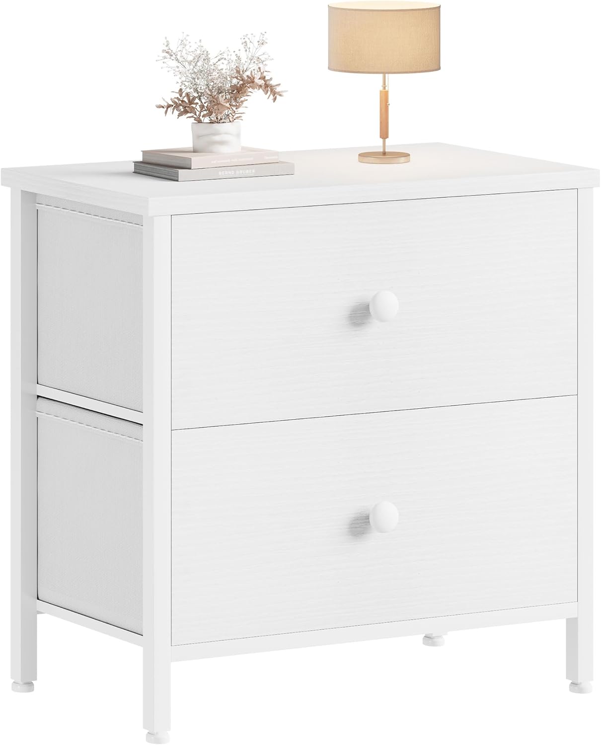 BOLUO White Nightstand 2 Drawer for Bedroom, Small Night Stand with Fabric Drawe...
