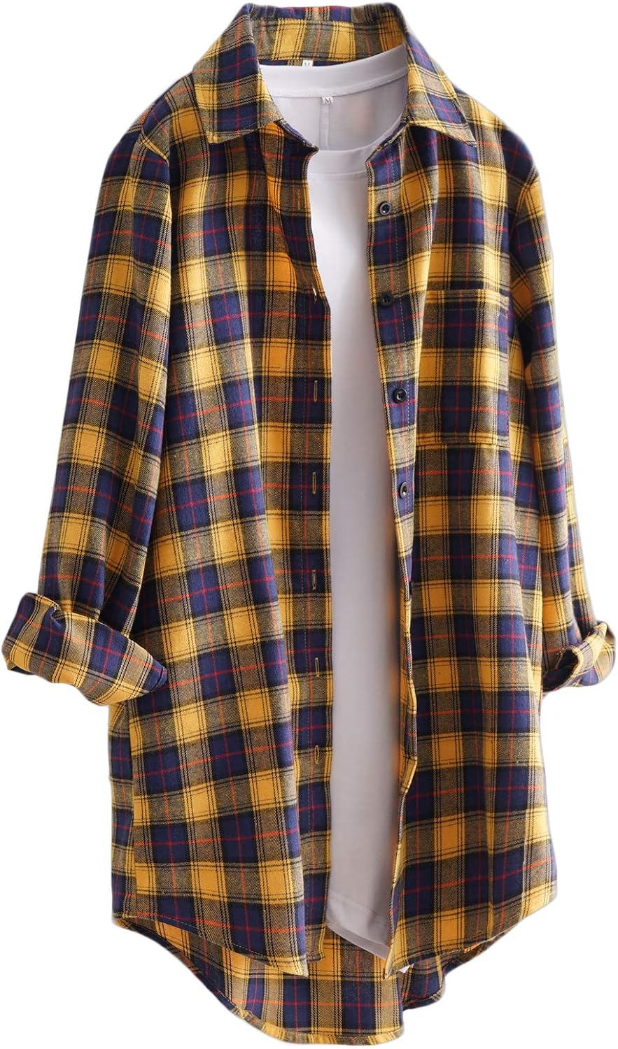 Minibee Women's Cotton Blouses Tops Plaid Long Sleeve High Low Button Down Shirt...