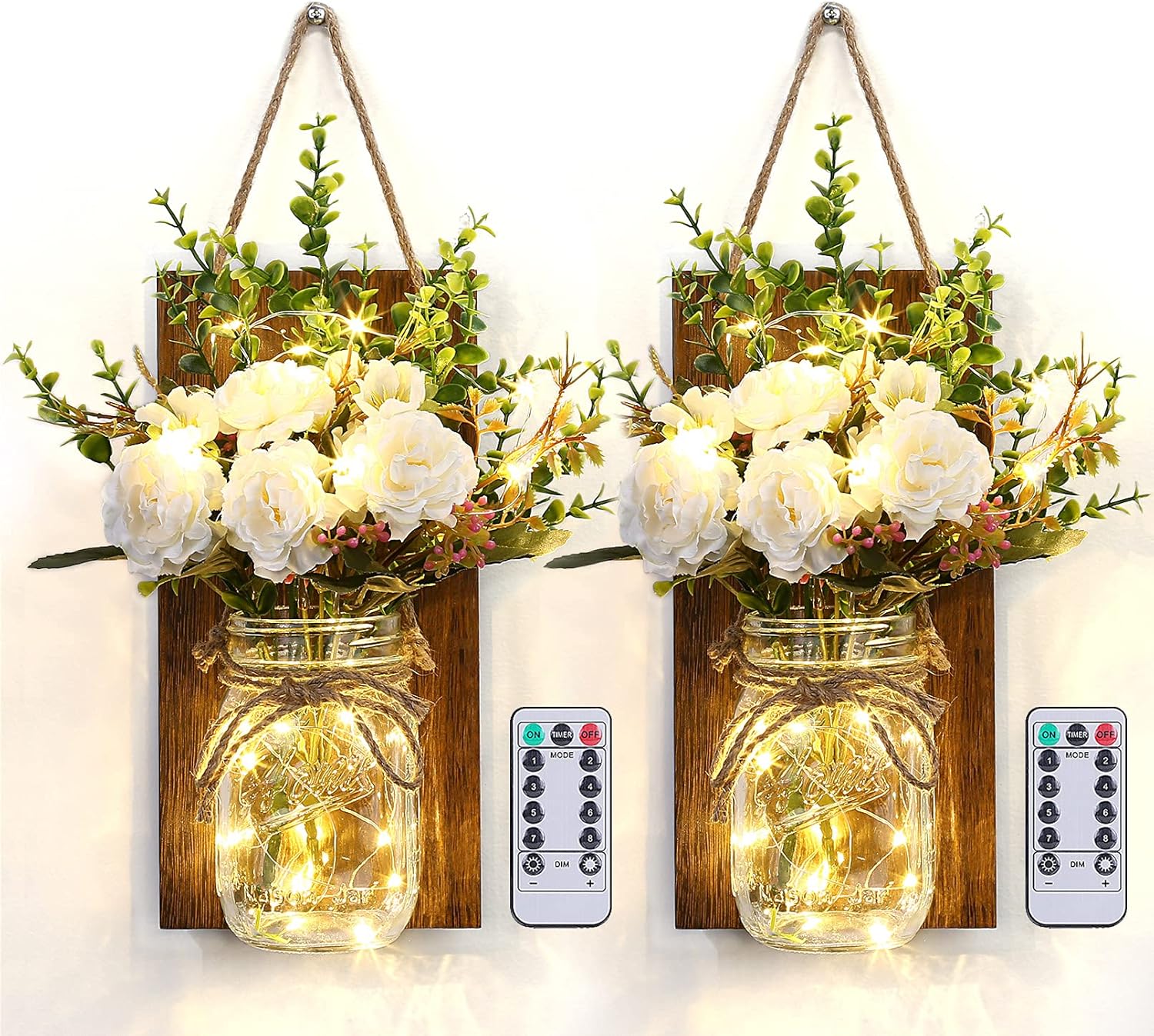 Glighone 2PCS Wall Sonces Mason Jar Light Dimmable Timer with 2 Remote Control,...
