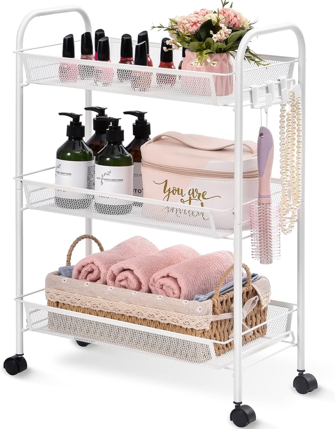 TOOLF 3-Tier Metal Rolling Cart, Mesh Wire Easy Assemble Utility Cart, Storage T...