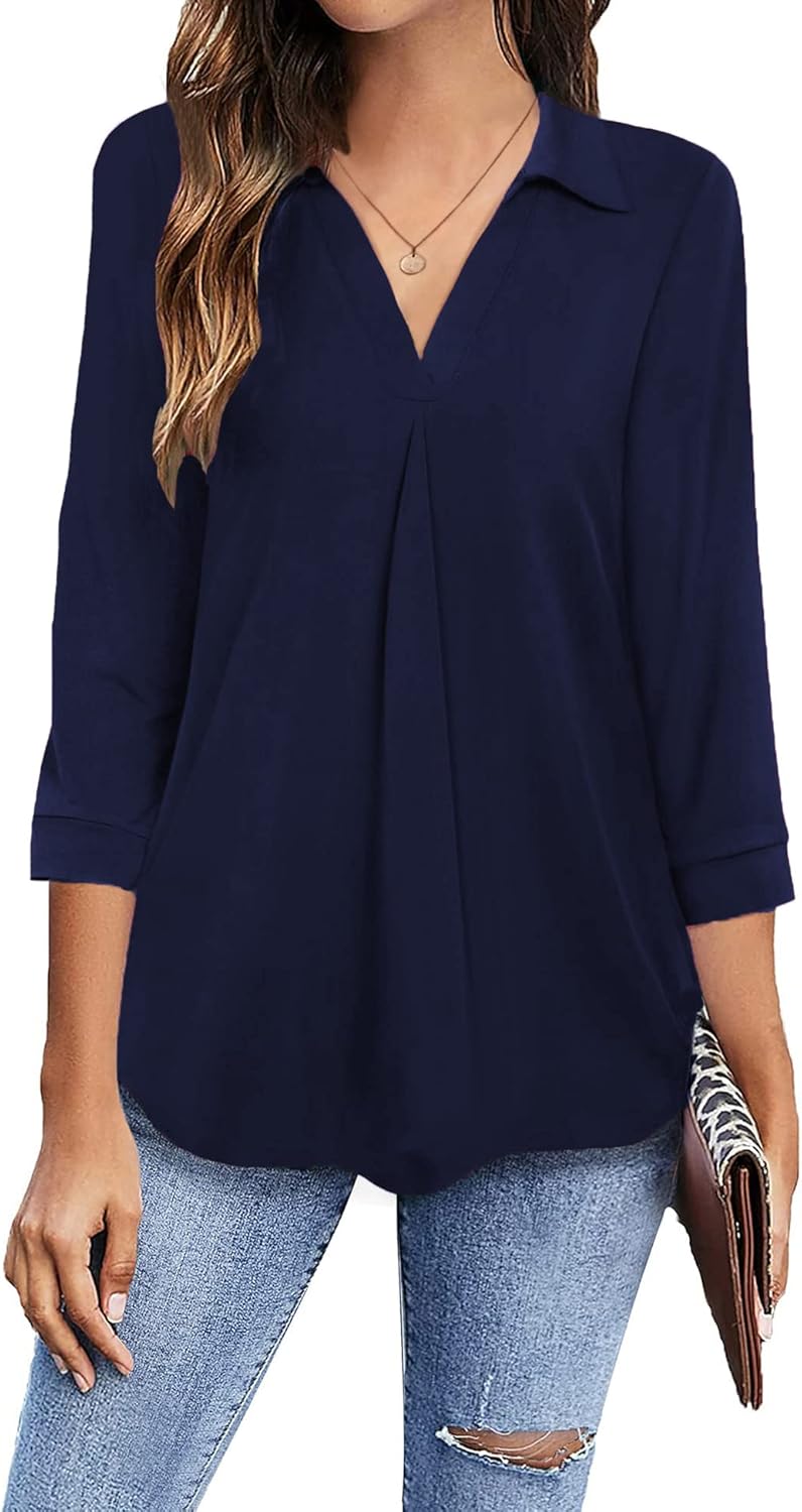Newchoice Womens Collared V Neck 3/4 Sleeve Shirts Business Casual Tops Loose Wo...