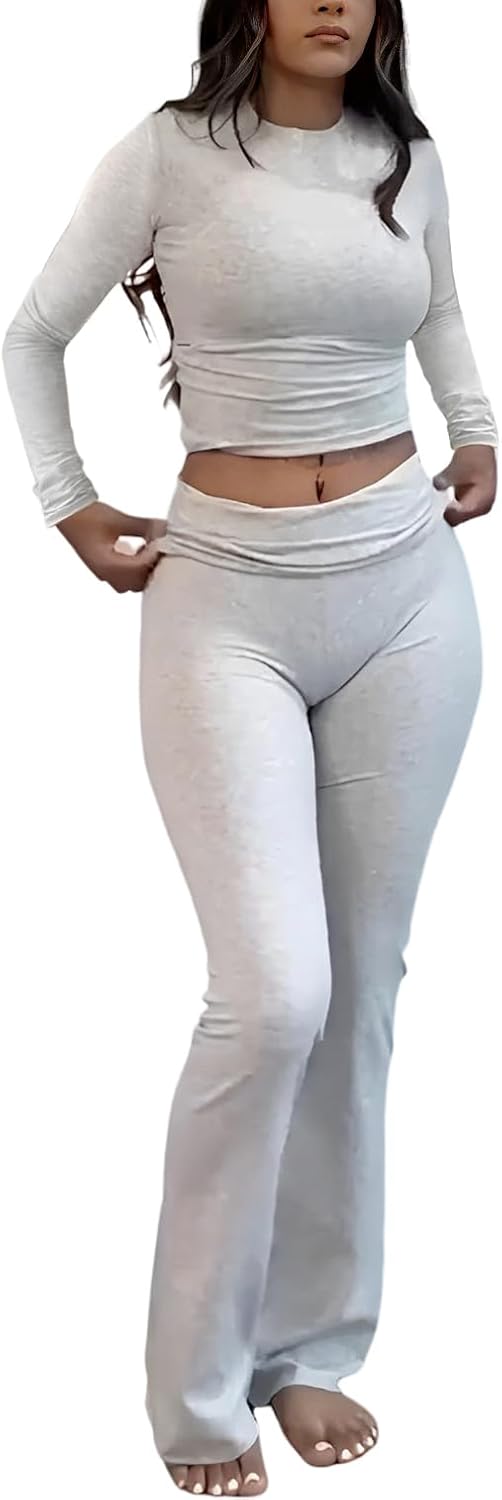 ZFLM Casual Workout Two Piece Outfits Long Sleeve High Waist Fold-over Flare Fla...