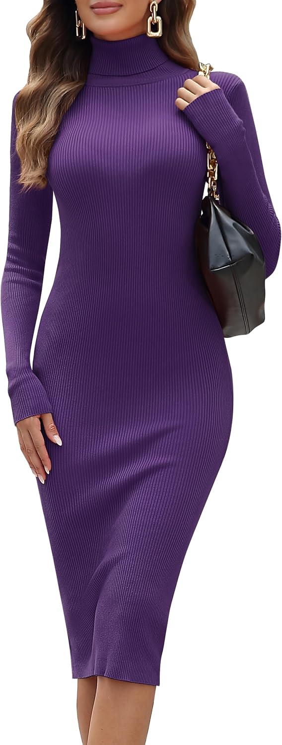 ninovino Women's Turtleneck Ribbed Knit Long Sleeve Slim Fit Sweater Dress Purpl...